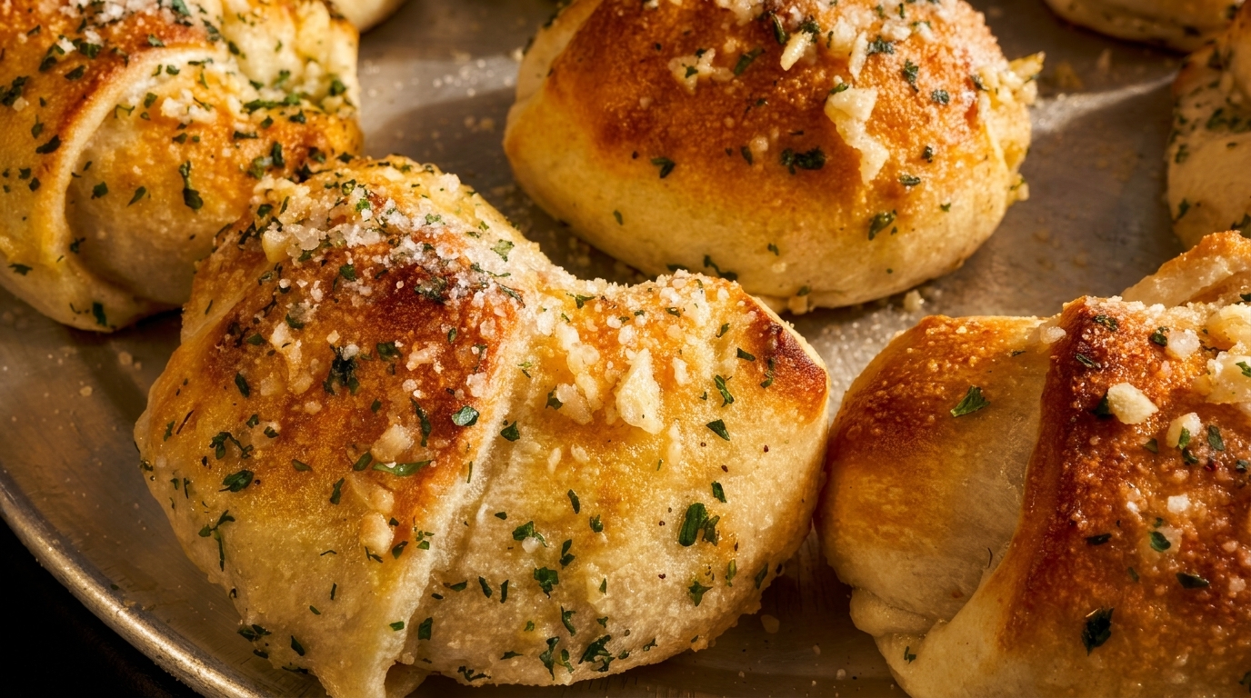 Close-up of golden-brown garlic knots sprinkled with herbs and parmesan cheese on a baking sheet.