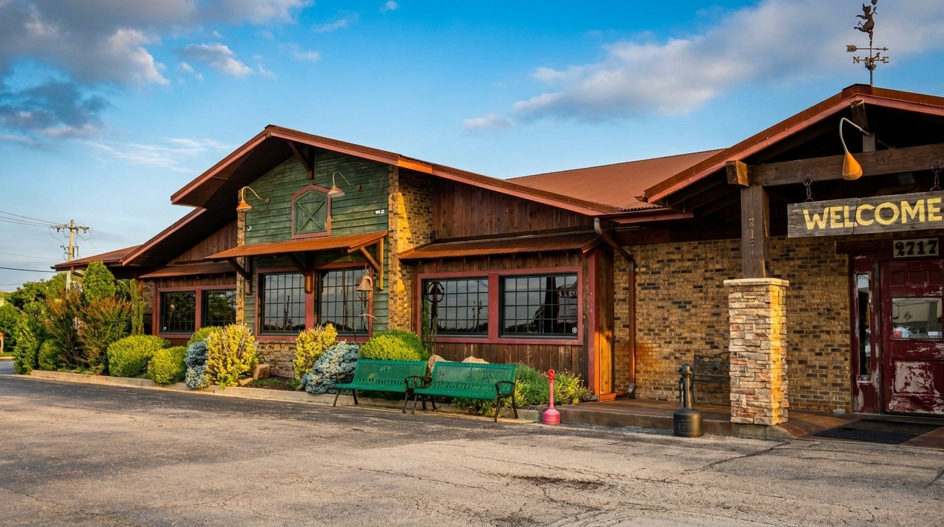 Exterior of a rustic restaurant with brick and green siding, a "WELCOME" sign, and green benches.