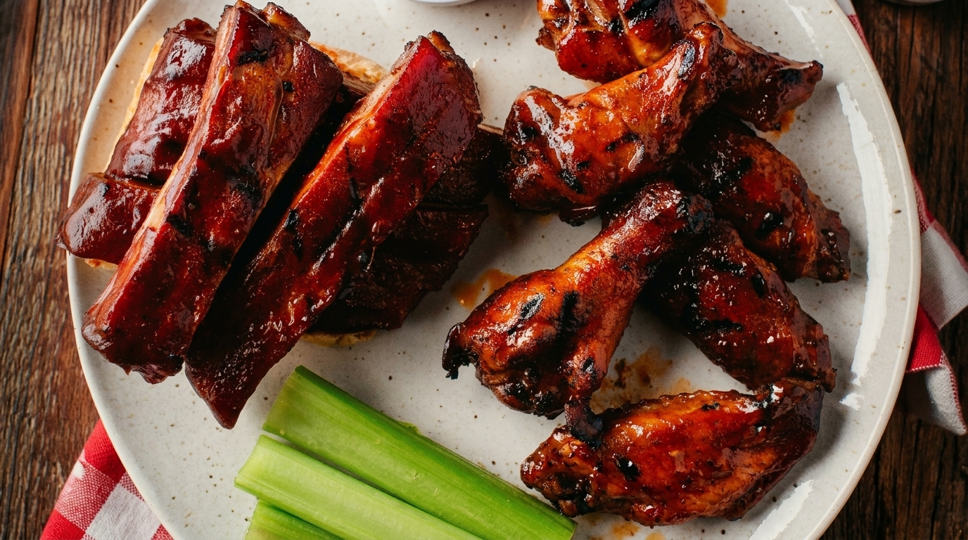 Glazed BBQ ribs and chicken wings with celery sticks on a white plate.