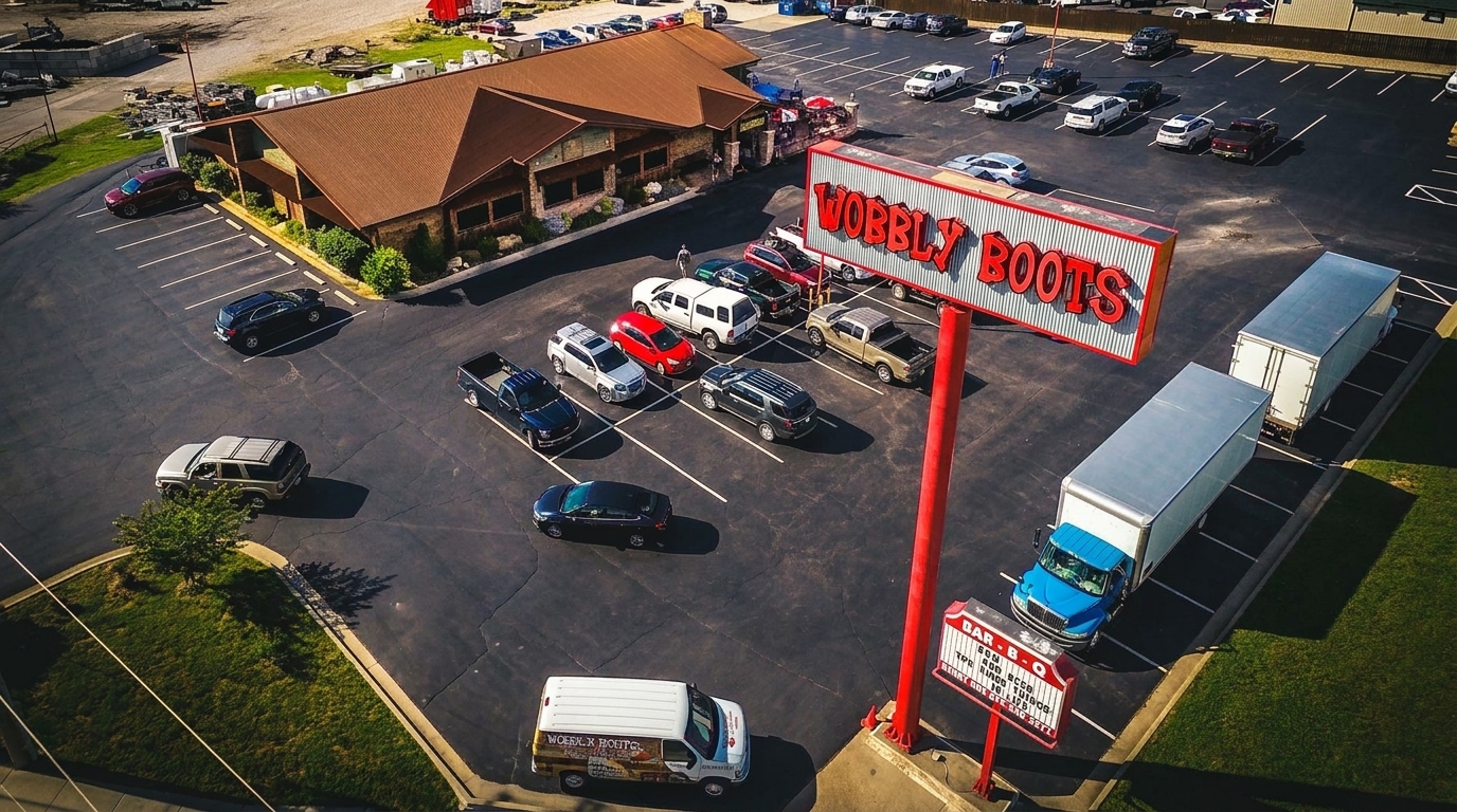 Aerial view of Wobbly Boots Roadhouse restaurant, its parking lot filled with cars, and a large sign.