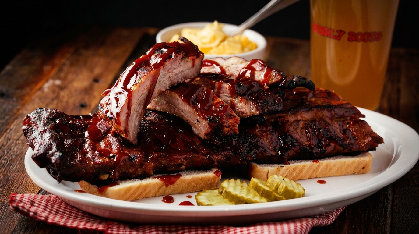 A plate of saucy BBQ ribs on white bread with pickles, mac and cheese, and a drink.