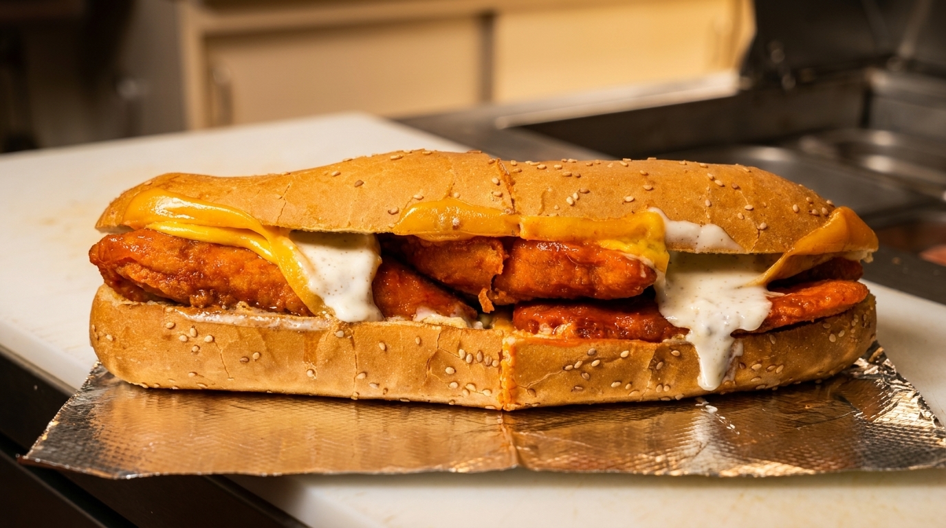 A buffalo chicken sub sandwich with melted cheese and ranch dressing on foil.