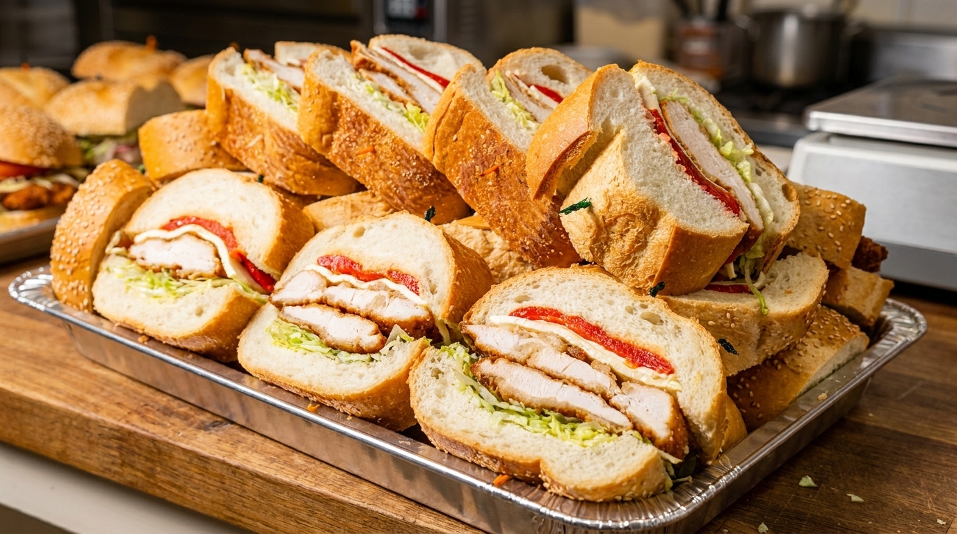 A catering tray filled with many chicken cutlet sandwiches on sesame seed rolls with lettuce and red peppers.