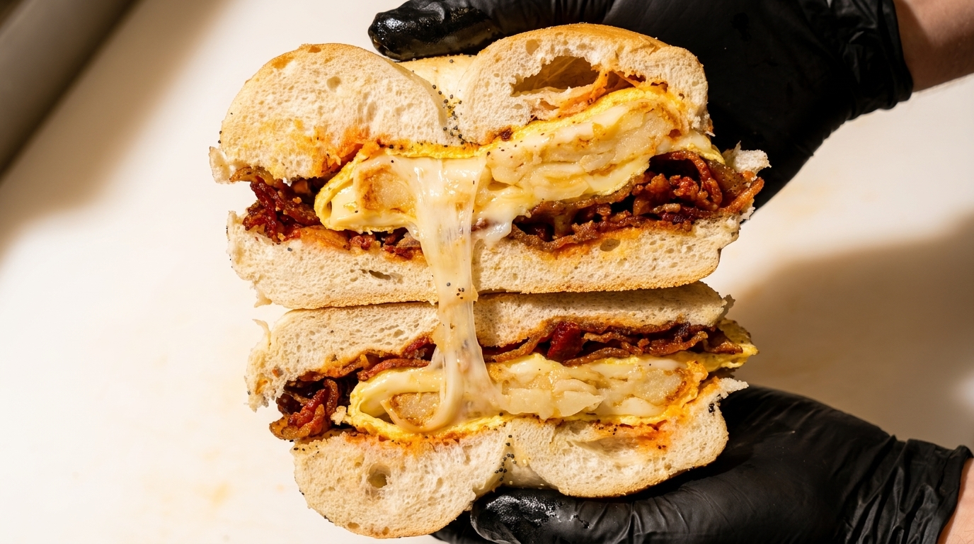 Hands in black gloves hold a sliced bagel sandwich with melted cheese, bacon, and eggs.