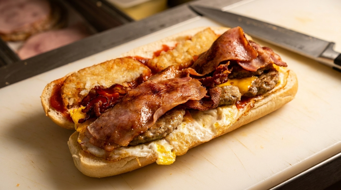 A breakfast sandwich with bacon, sausage, egg, cheese, hash browns, and ketchup on a bun.