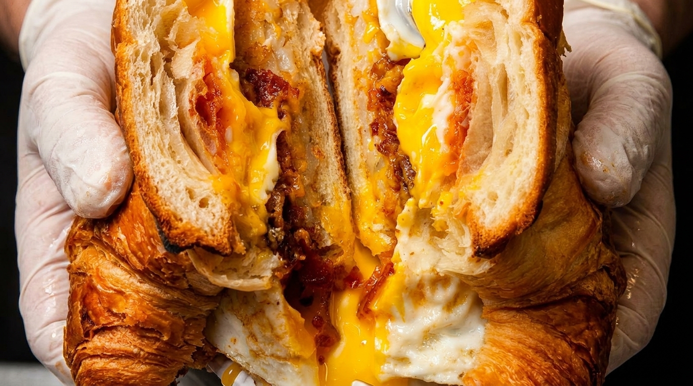 Hands in white gloves hold a croissant sandwich filled with bacon, egg, and melted cheese.