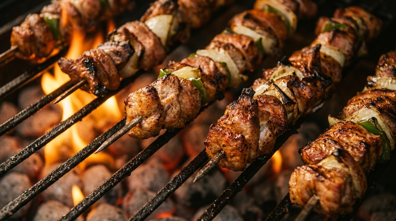 Skewers of grilled meat and vegetables cooking over hot coals with visible flames.