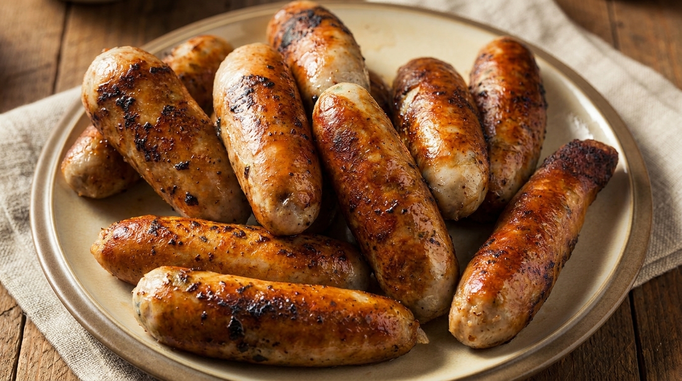 A plate of grilled sausages with browned, crispy skins, on a rustic wooden table.