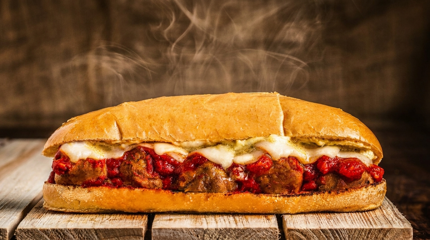 Steaming hot meatball sub with melted cheese and red sauce on a wooden surface.