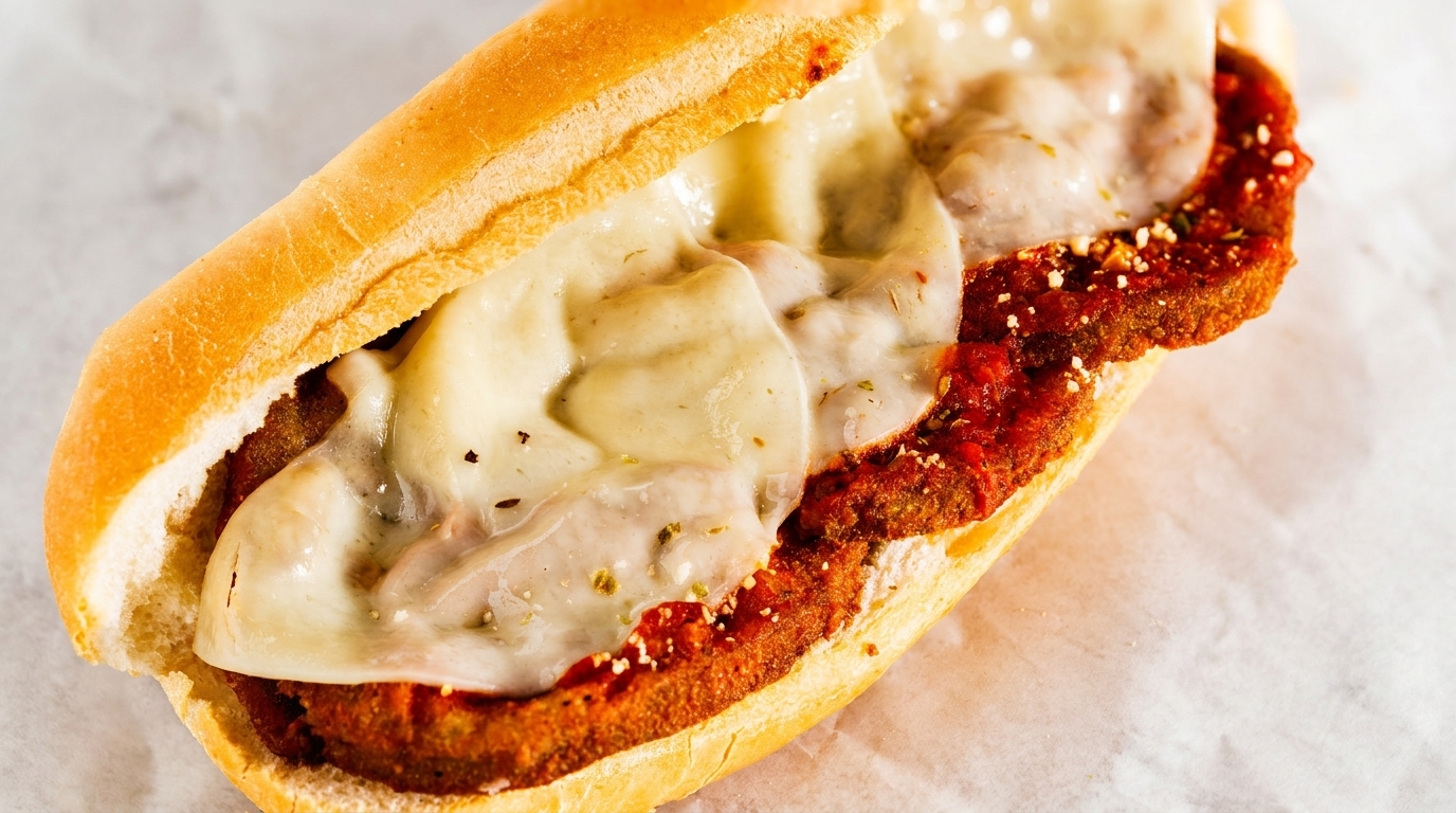 Close-up of a chicken parmesan hero sandwich with melted mozzarella cheese and marinara sauce.