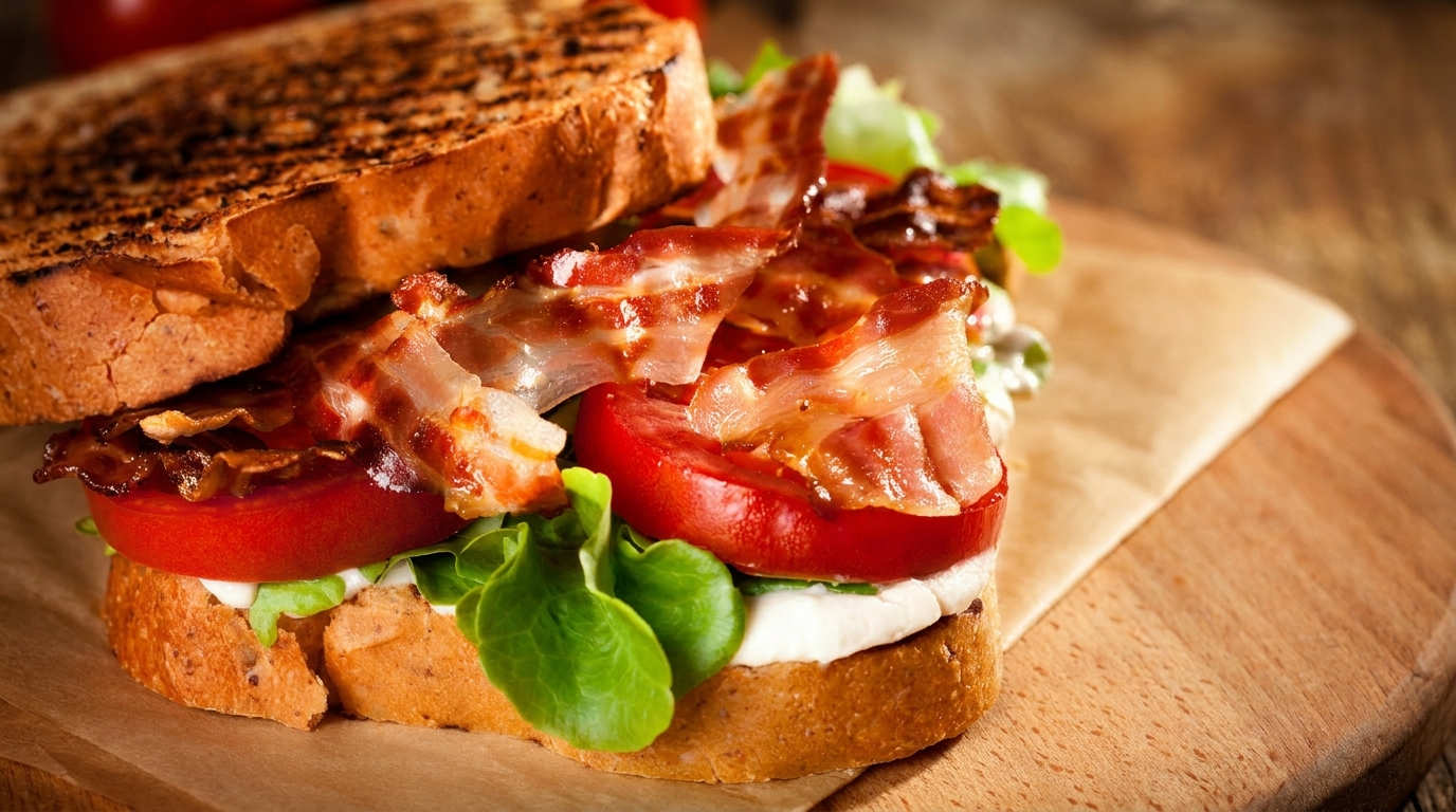 A delicious BLT sandwich with crispy bacon, fresh tomatoes, and lettuce on toasted bread.