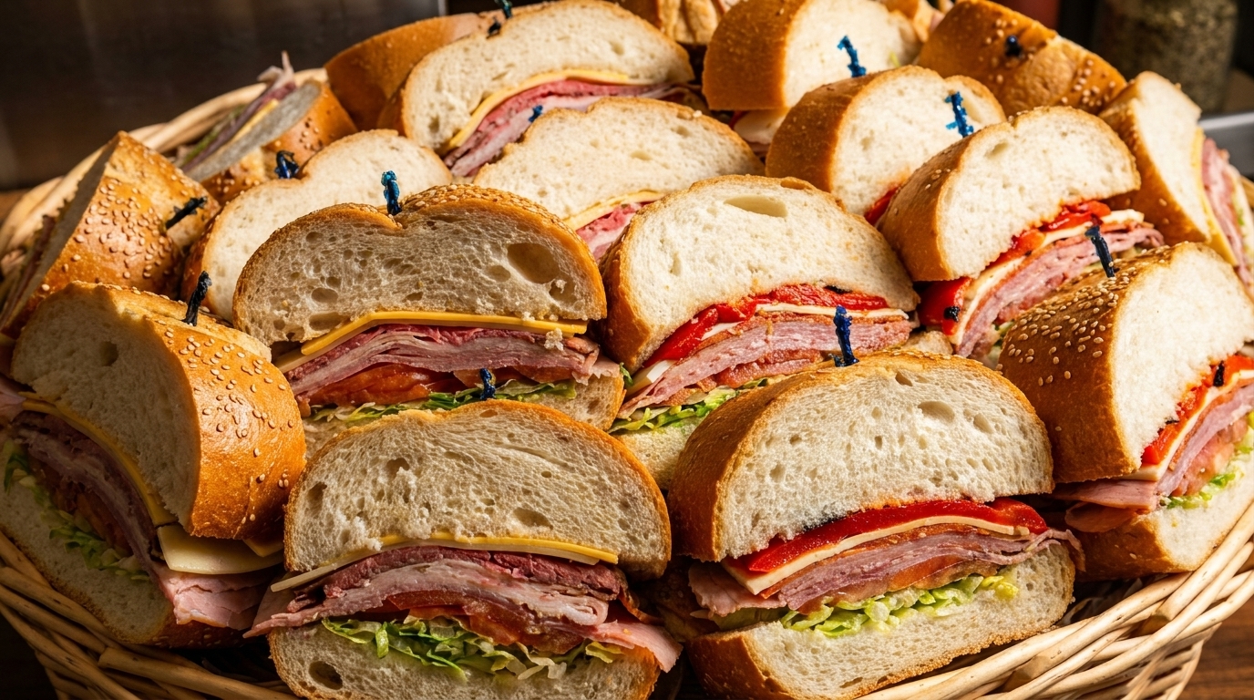 A wicker basket filled with many deli sandwiches, some with sesame seed buns, cut in half.