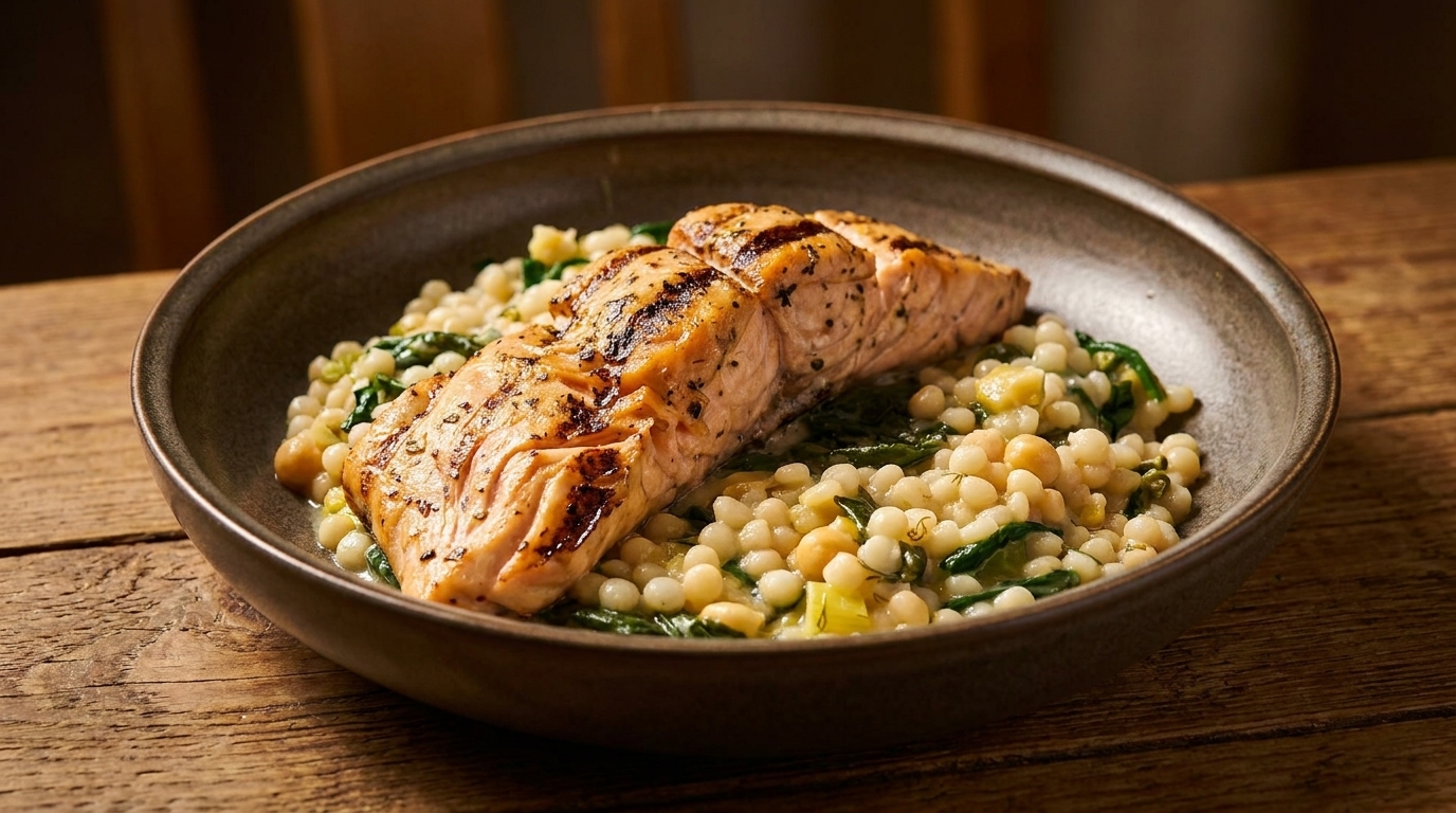 Grilled salmon fillet with couscous, spinach, and chickpeas in a dark bowl on a wooden table.