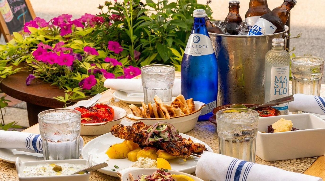 A vibrant outdoor dining table with Greek food, drinks, and pink flowers in the foreground.