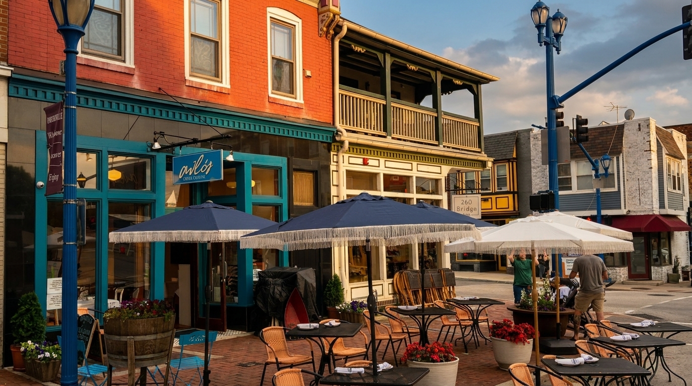 A vibrant street scene with outdoor dining tables and umbrellas in front of brick buildings.