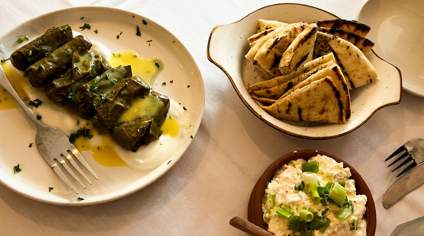 Plates of dolmades, grilled pita bread, and a dip with green onions on a white tablecloth.