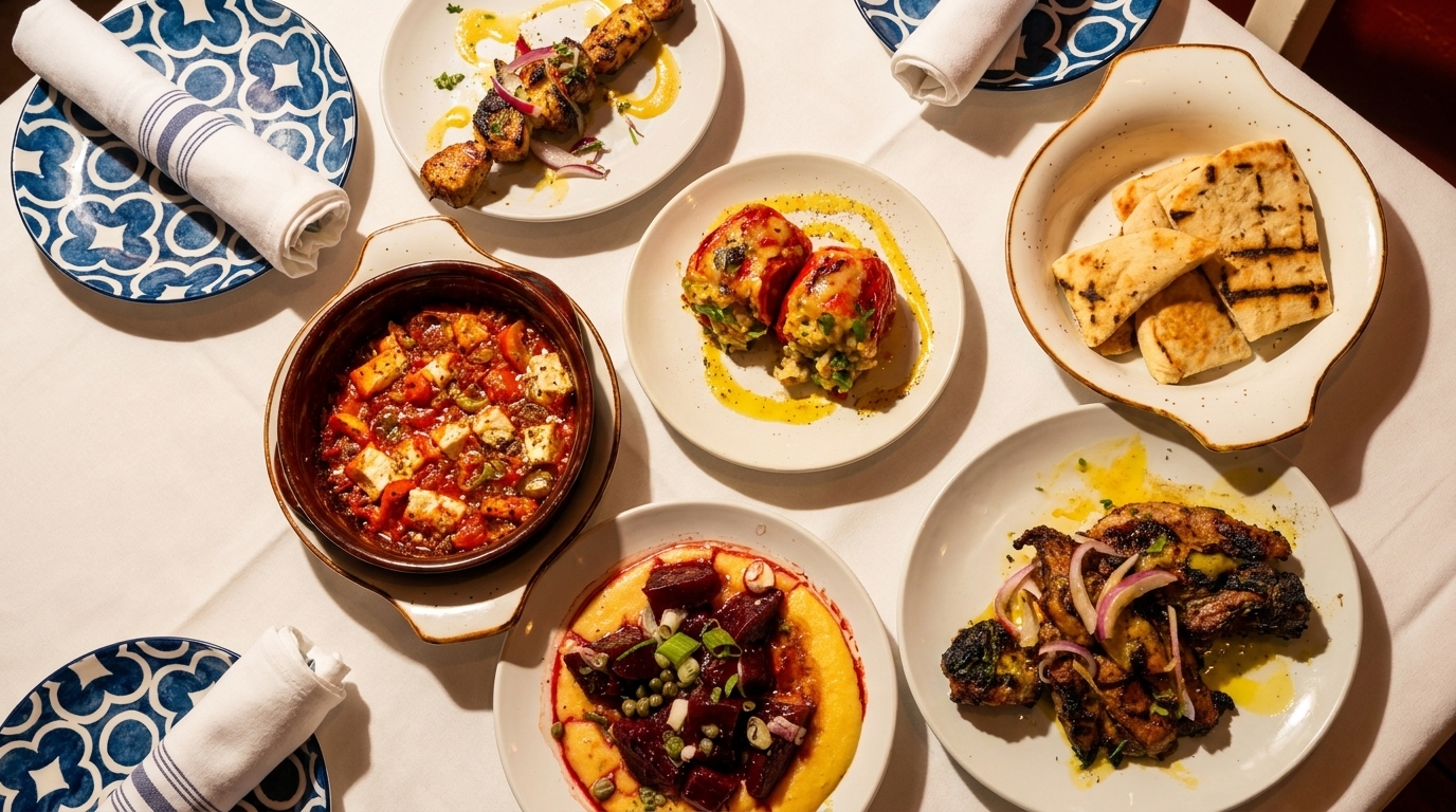 Overhead view of a table laden with various Greek dishes, including grilled meats, pita, and vegetable plates.
