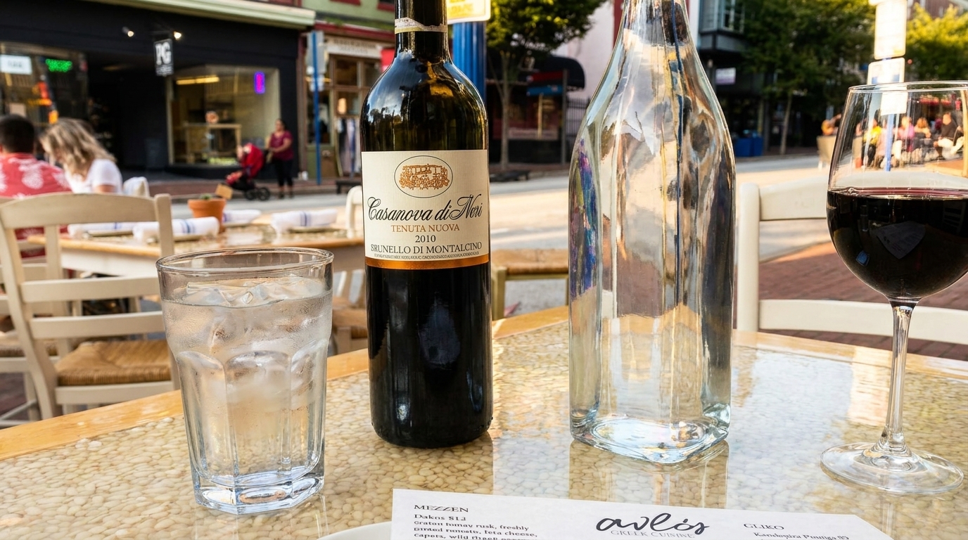 Outdoor dining table with a bottle of Casanova di Neri wine, water, and a glass of red wine.