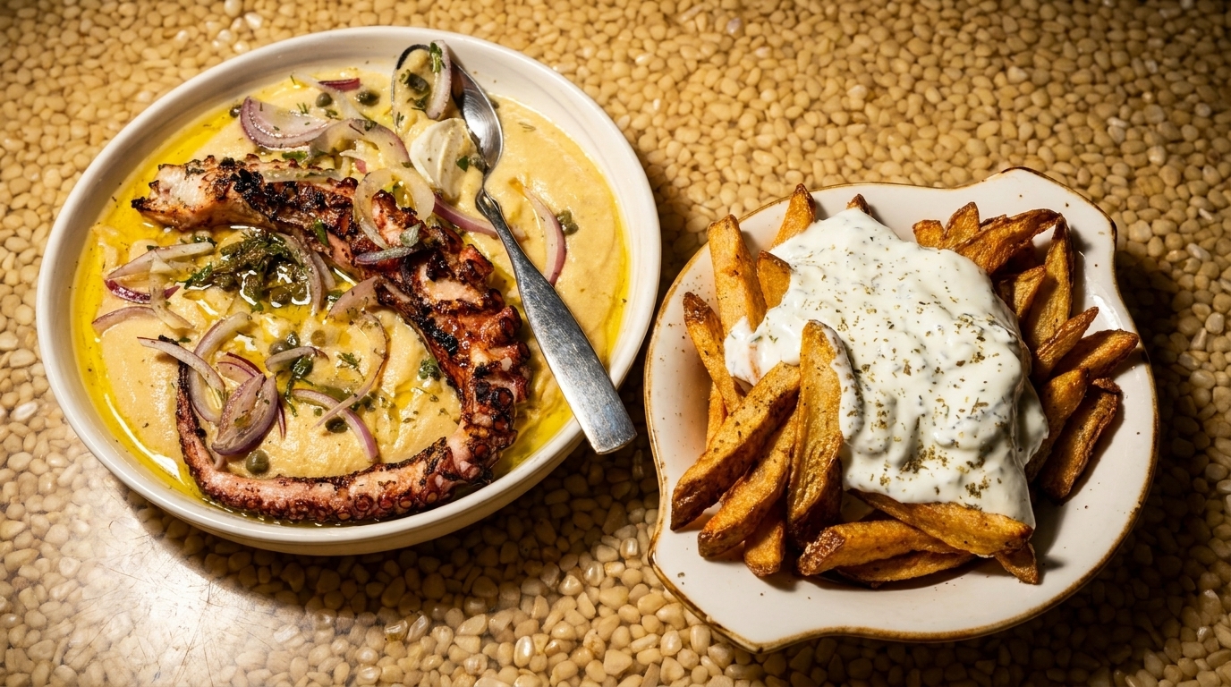 Grilled octopus with red onions and capers on a bed of hummus, next to a plate of french fries with tzatziki.