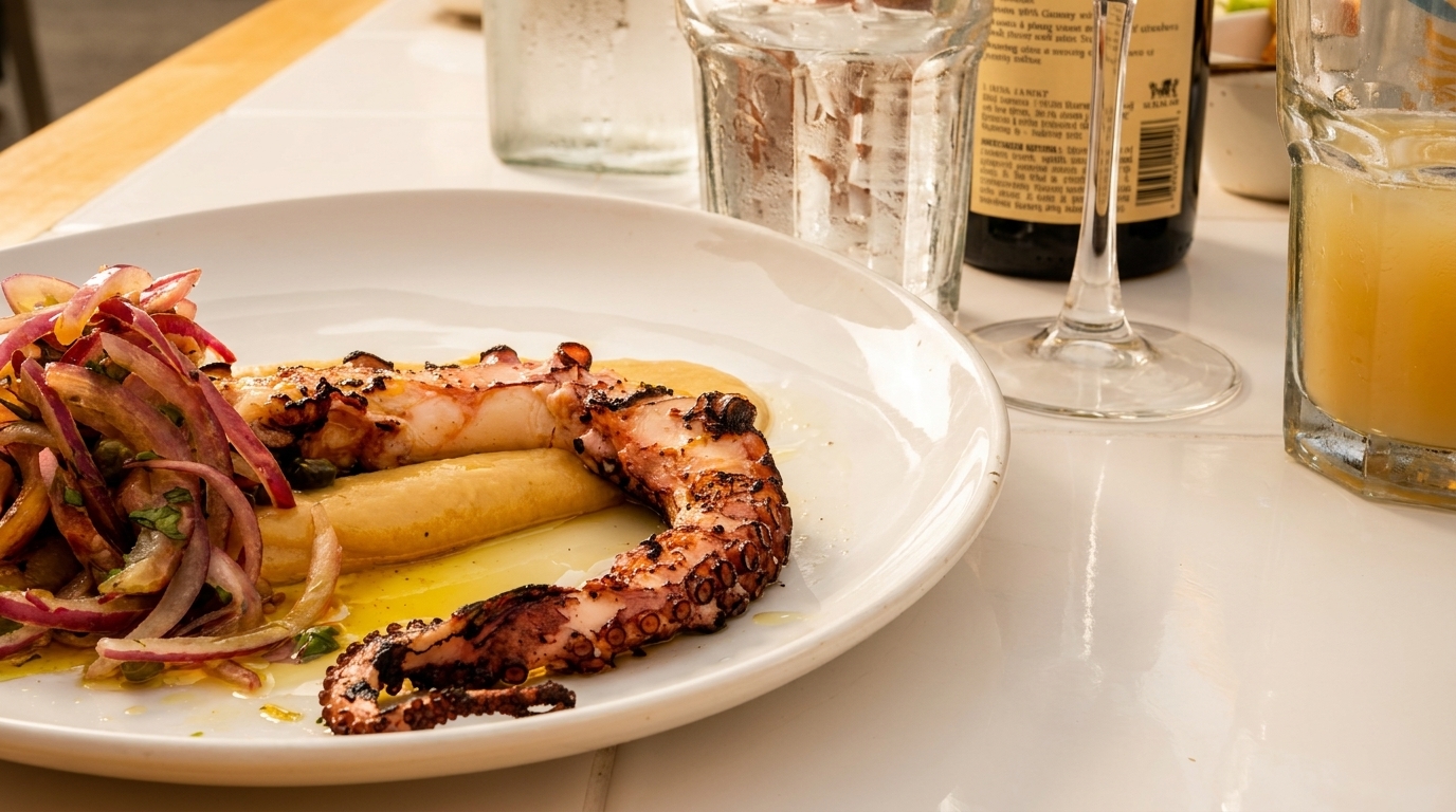 Grilled octopus with red onion salad and a yellow puree on a white plate.