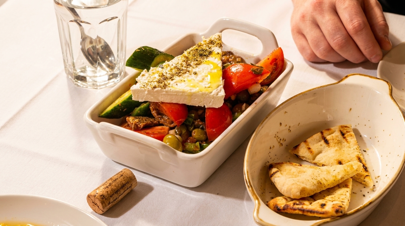 A Greek salad with feta, tomatoes, cucumbers, and olives, served with pita bread.