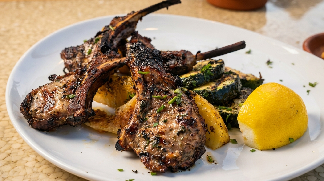 Grilled lamb chops with roasted zucchini, potatoes, and a lemon wedge on a white plate.