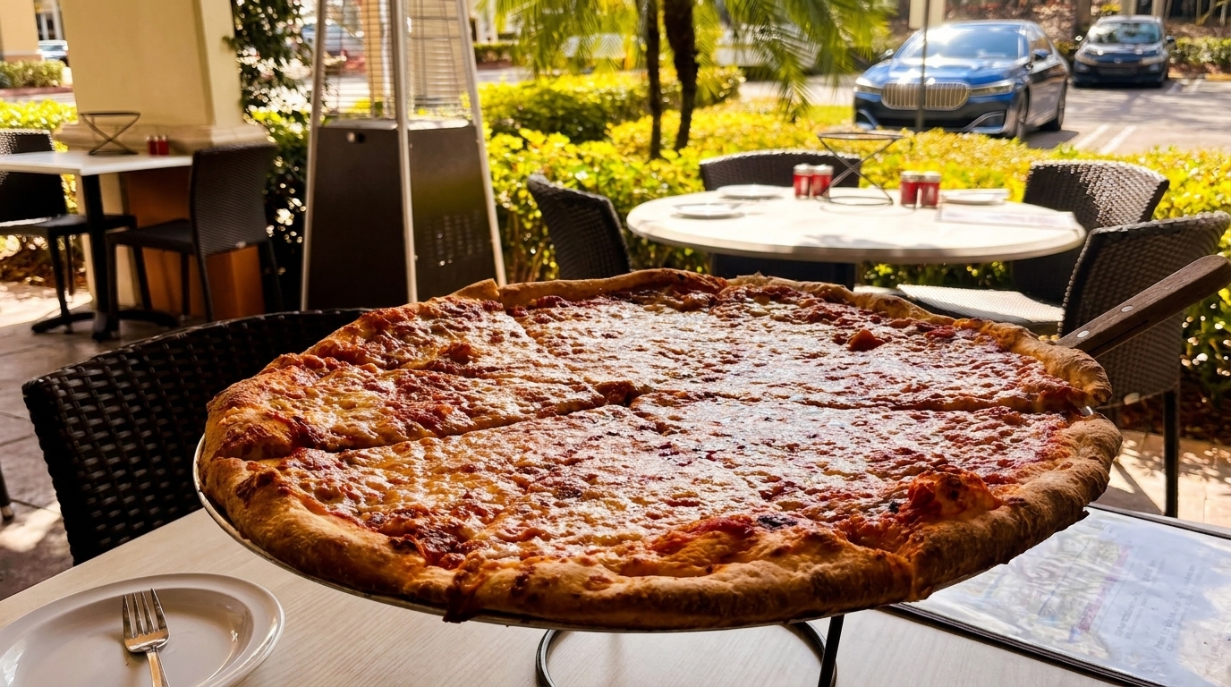 A large, sliced cheese pizza on a stand at an outdoor restaurant table with palm trees and cars in the background.