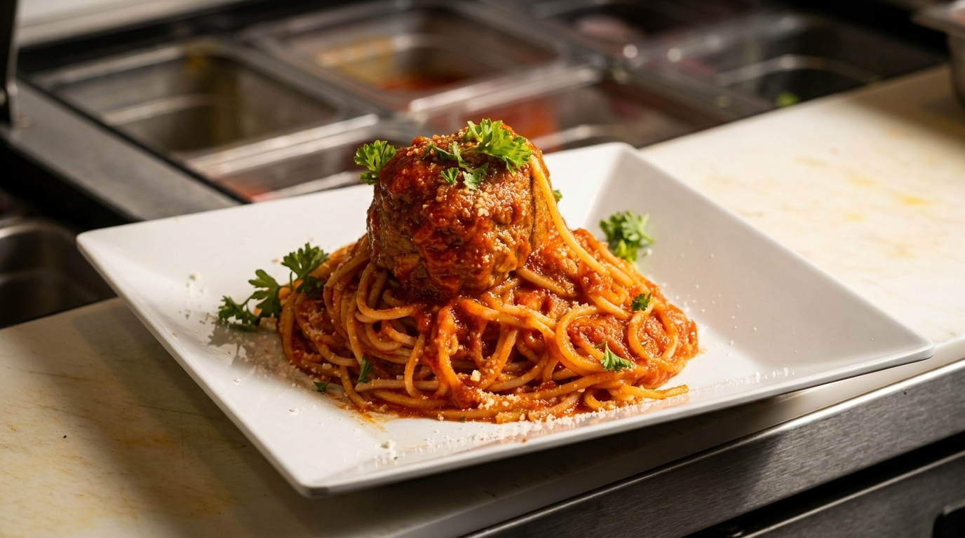 Spaghetti with a large meatball, marinara sauce, parmesan cheese, and parsley on a white plate.