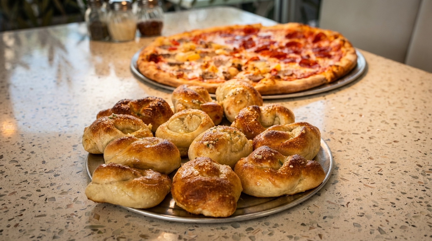 A plate of garlic knots and a large pepperoni and sausage pizza on a speckled countertop.
