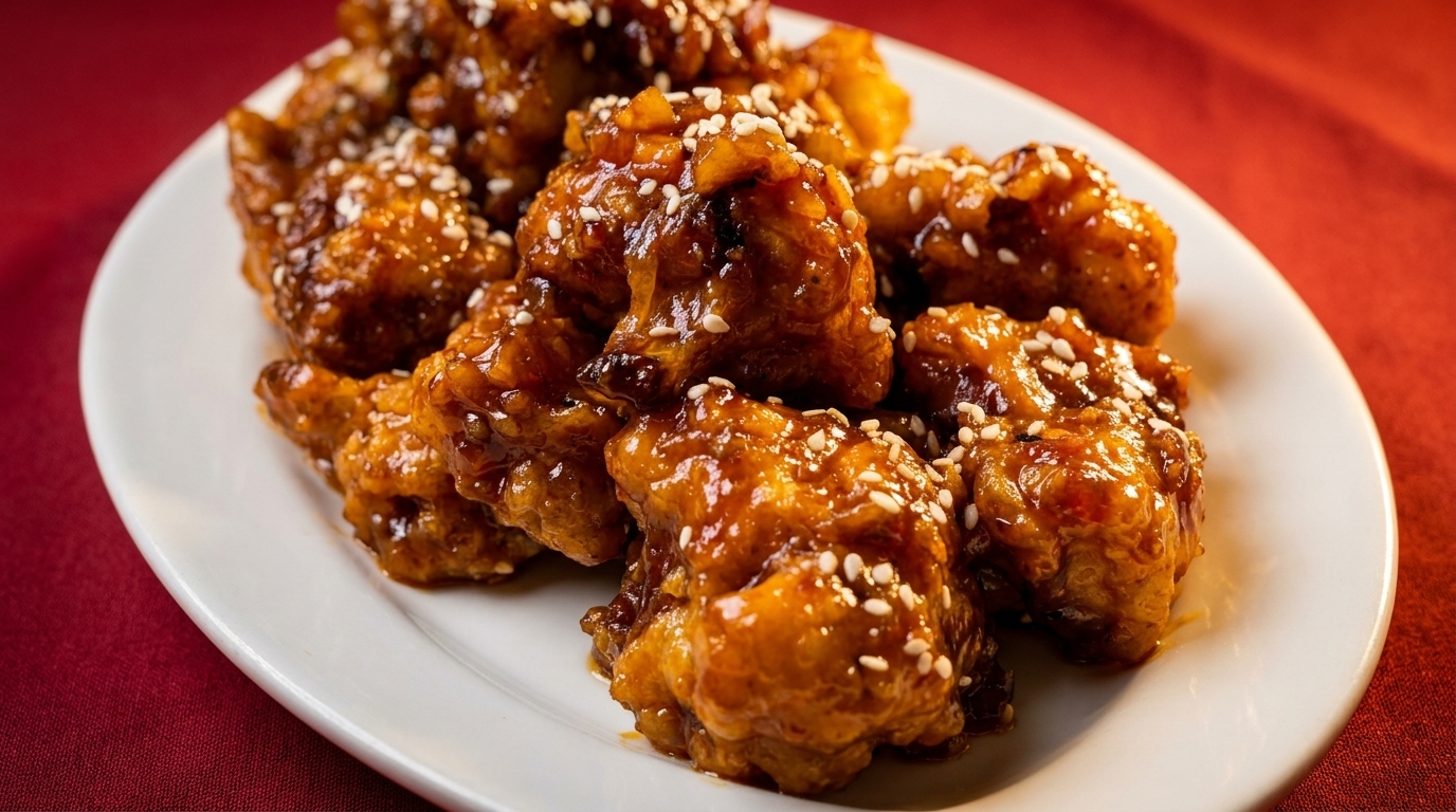 Close-up of crispy, glazed sesame chicken pieces on a white plate against a red background.
