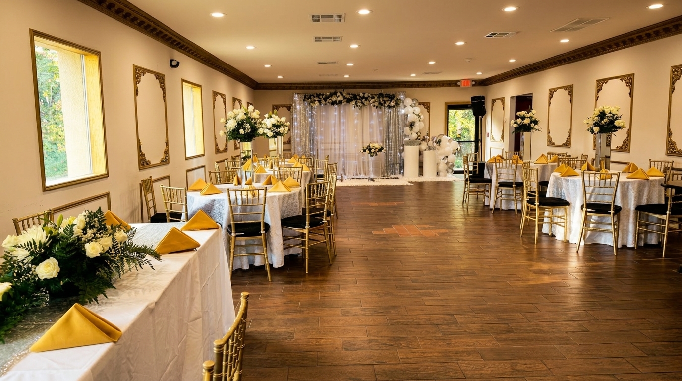 Elegant event hall with round tables, gold chairs, white floral centerpieces, and a sparkling backdrop.