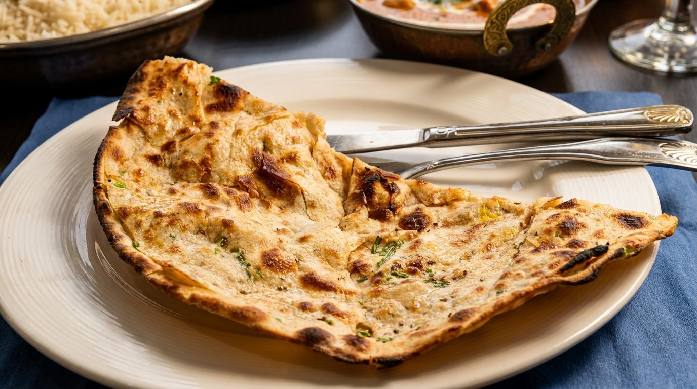 A golden-brown naan bread with herbs on a white plate, with cutlery and other dishes in the background.