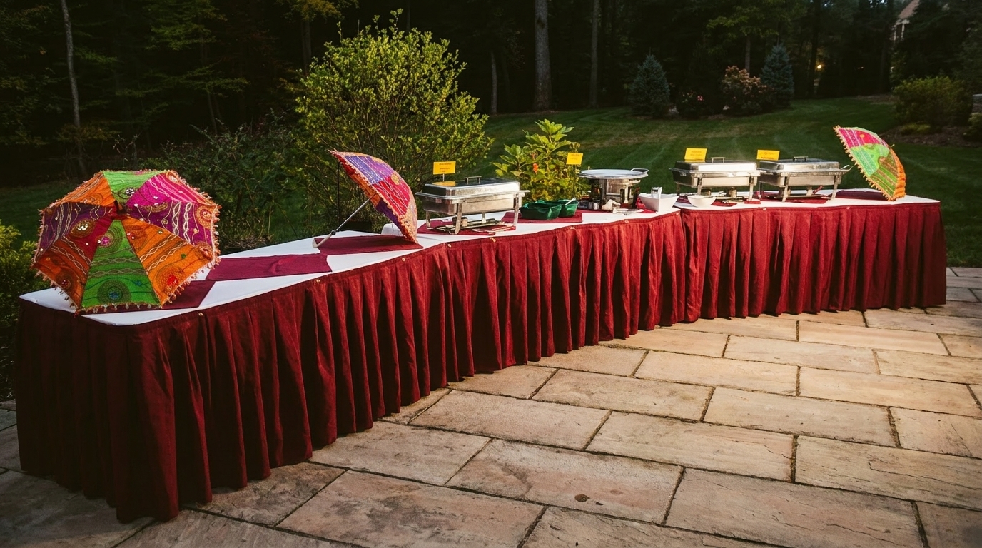 Outdoor buffet table with red skirting, chafing dishes, and colorful decorative umbrellas on a patio.