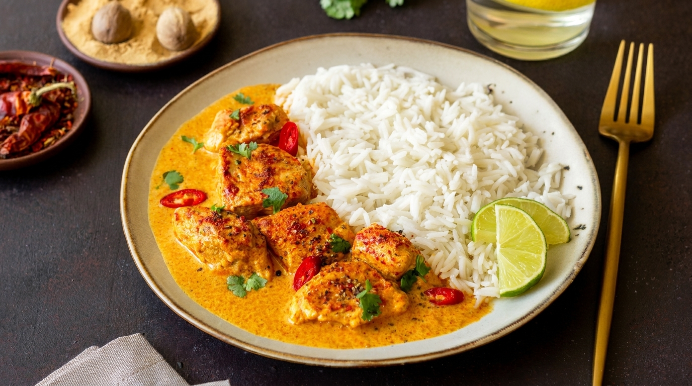 Chicken curry with white rice, lime wedges, and red chili peppers on a plate.