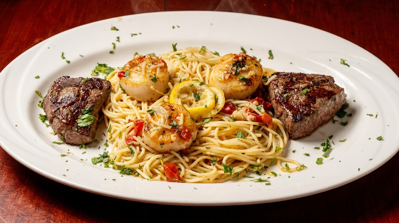 Steaming surf and turf with scallops, steak, spaghetti, lemon, and red peppers on a white plate.