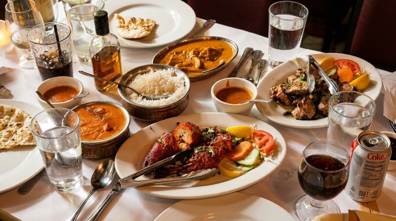 A table laden with various Indian dishes, including curries, rice, naan, and grilled meats.