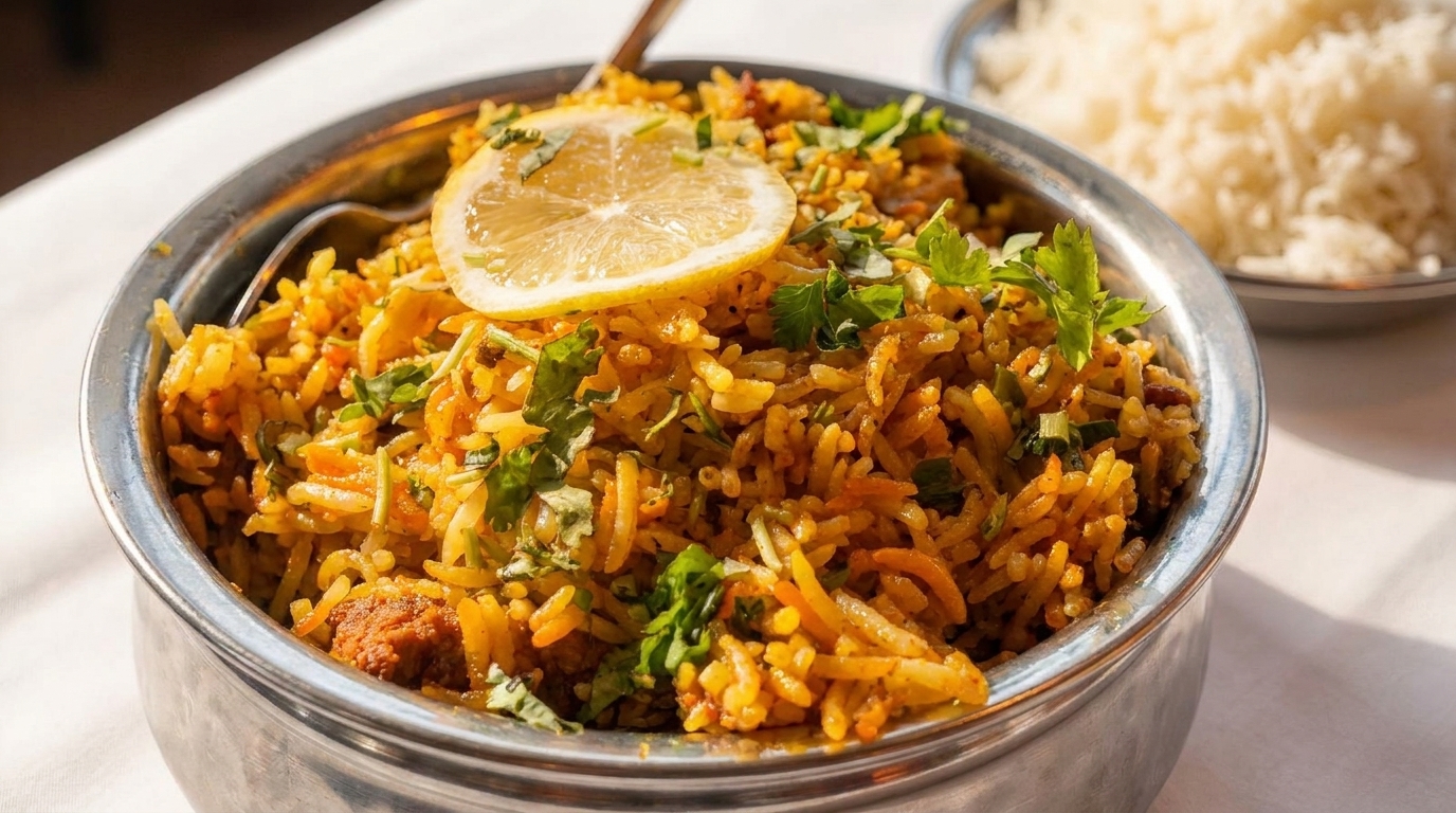 A metal bowl filled with chicken biryani, garnished with cilantro and a lemon slice.