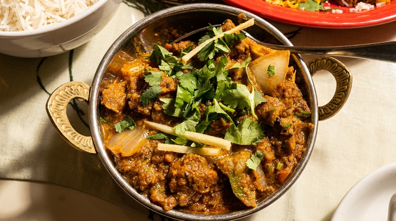 Close-up of a metal bowl filled with Indian curry, garnished with cilantro and ginger.