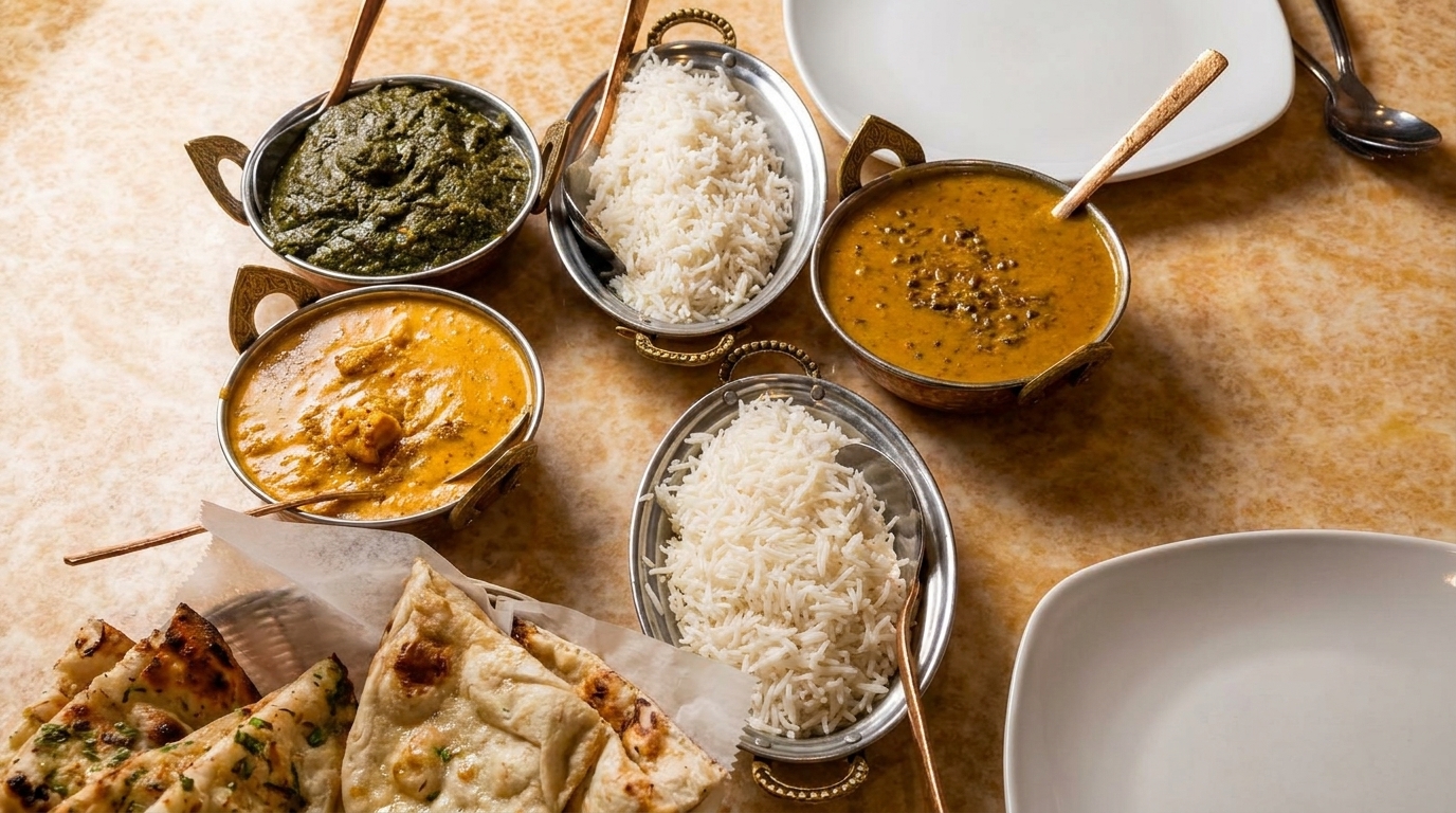 Indian dishes including saag, butter chicken, dal, rice, and naan bread on a marble table.