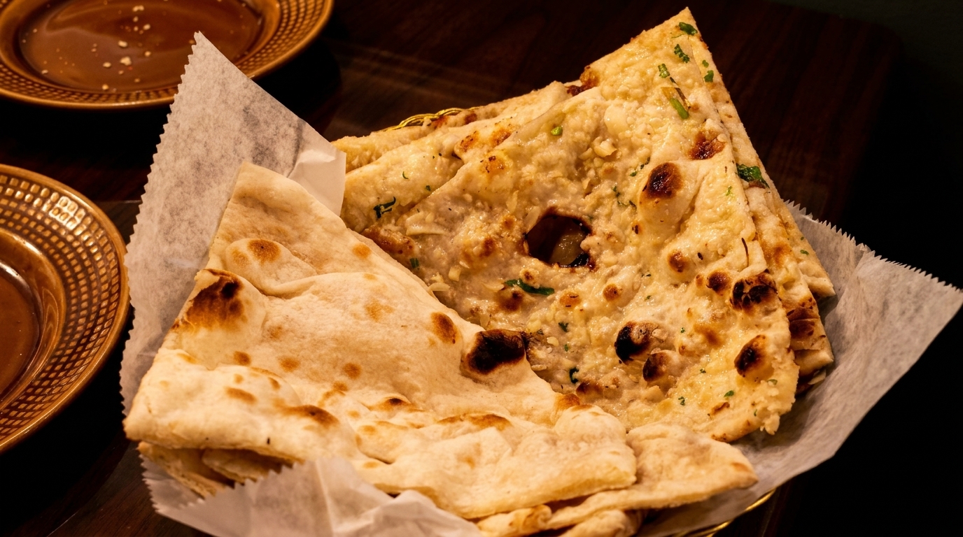 Basket of freshly baked naan bread, some plain and some garlic, with dipping sauces in the background.