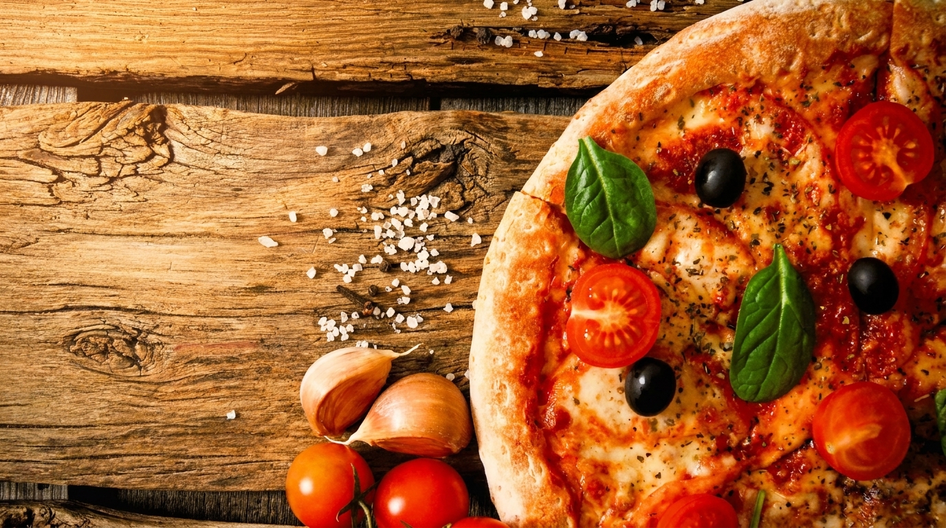 Half a pizza with tomatoes, olives, and basil on a rustic wooden table with garlic.