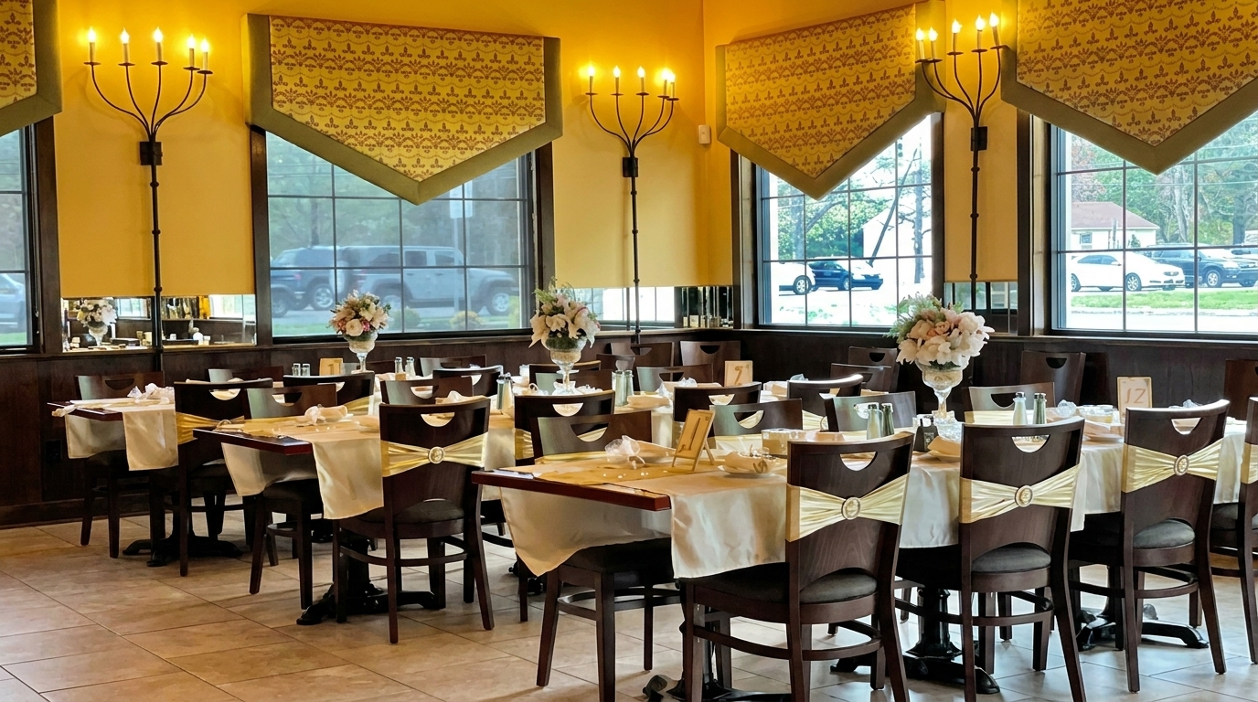 Elegant restaurant dining room with set tables, floral centerpieces, and candelabra wall sconces.