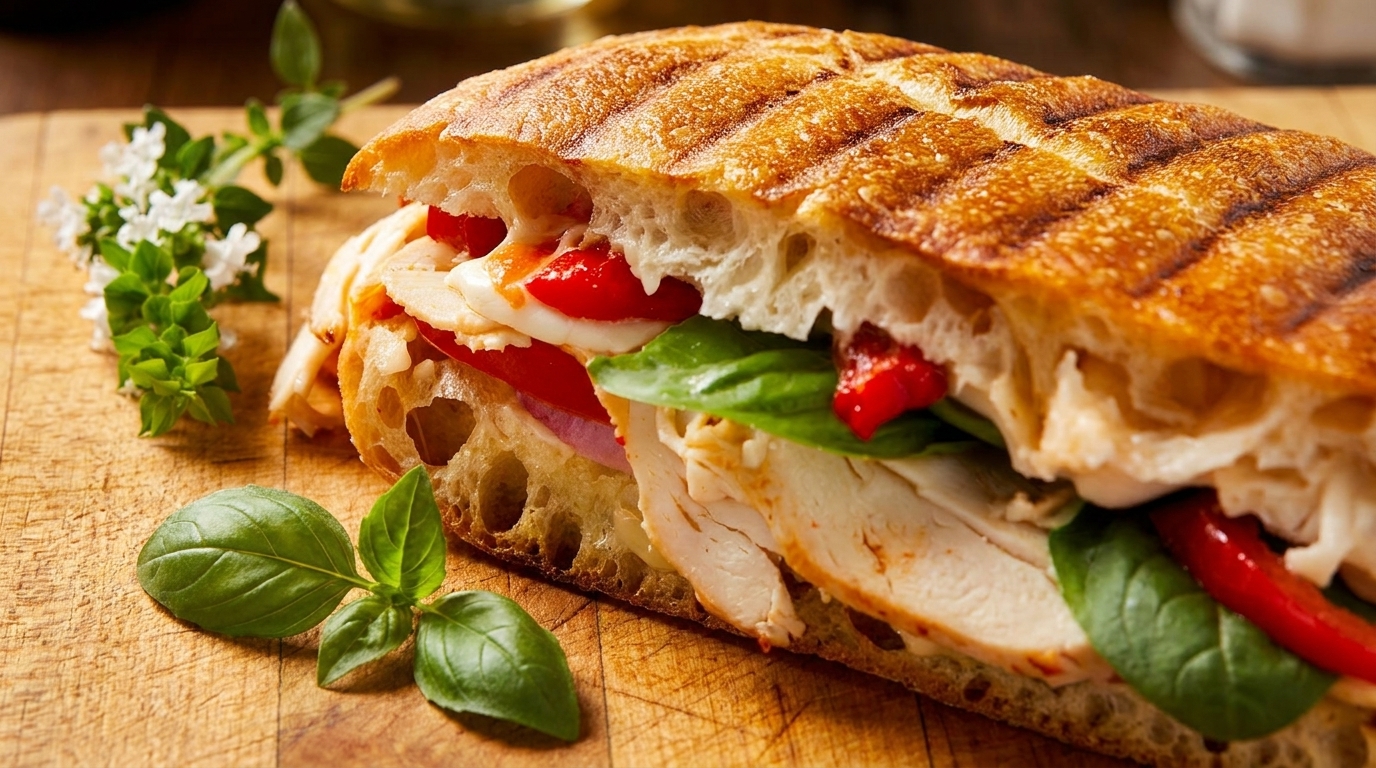 Grilled panini sandwich with chicken, roasted red peppers, mozzarella, and basil on a wooden board.