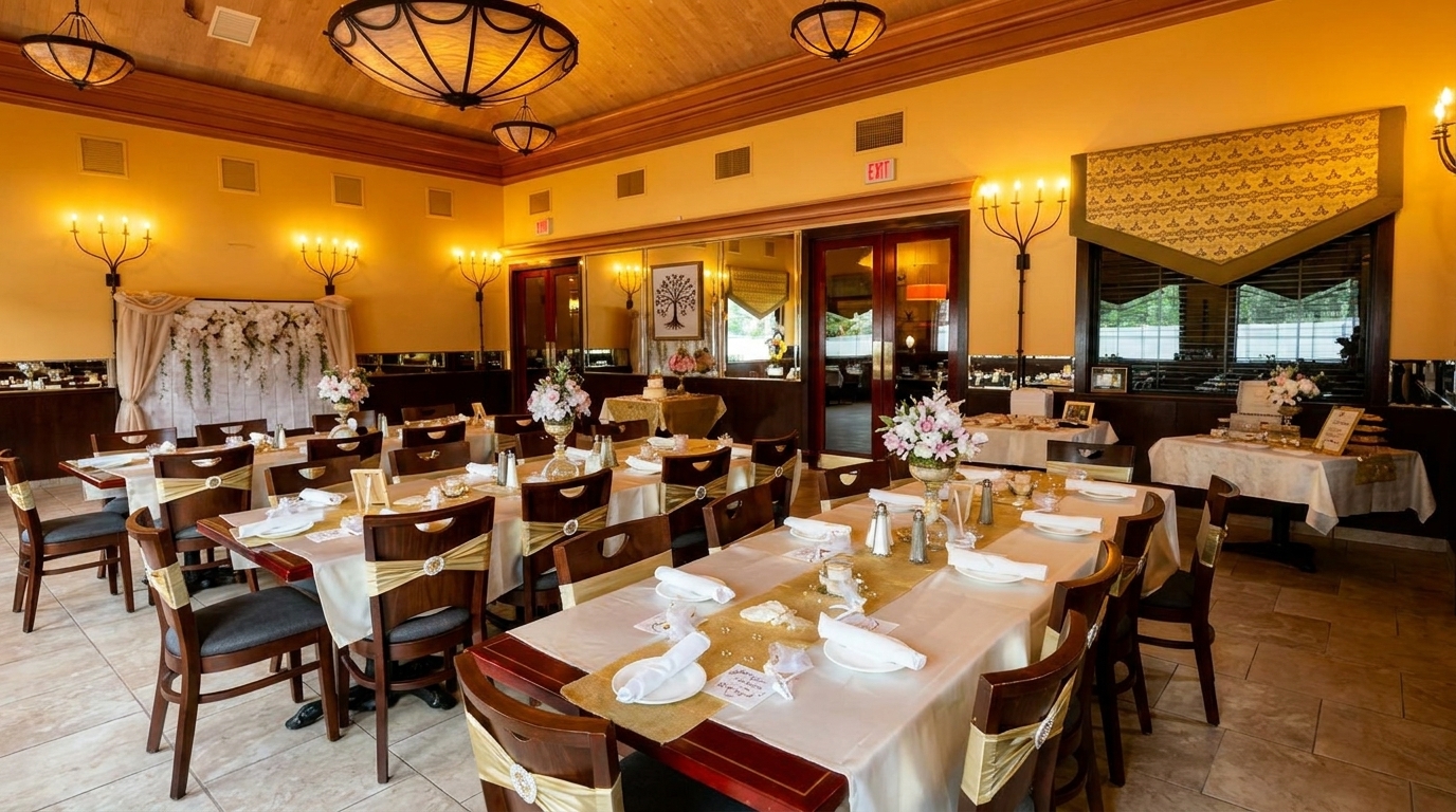 Elegant dining room with tables set for a special event, featuring floral centerpieces and warm lighting.