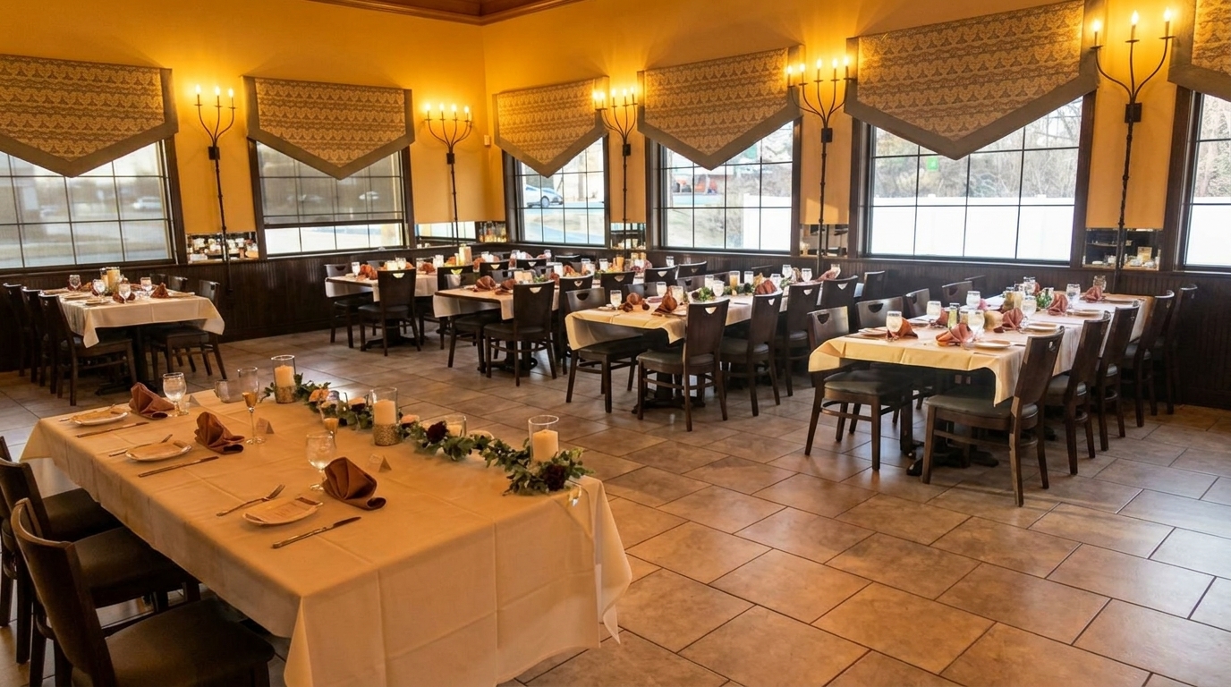 A restaurant dining room with multiple long tables set with white tablecloths, place settings, and floral centerpieces.
