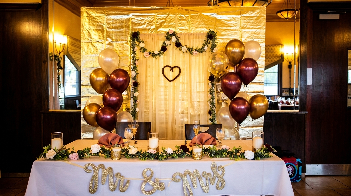 A decorated "Mr. & Mrs." table with balloons, flowers, and candles against a gold backdrop.