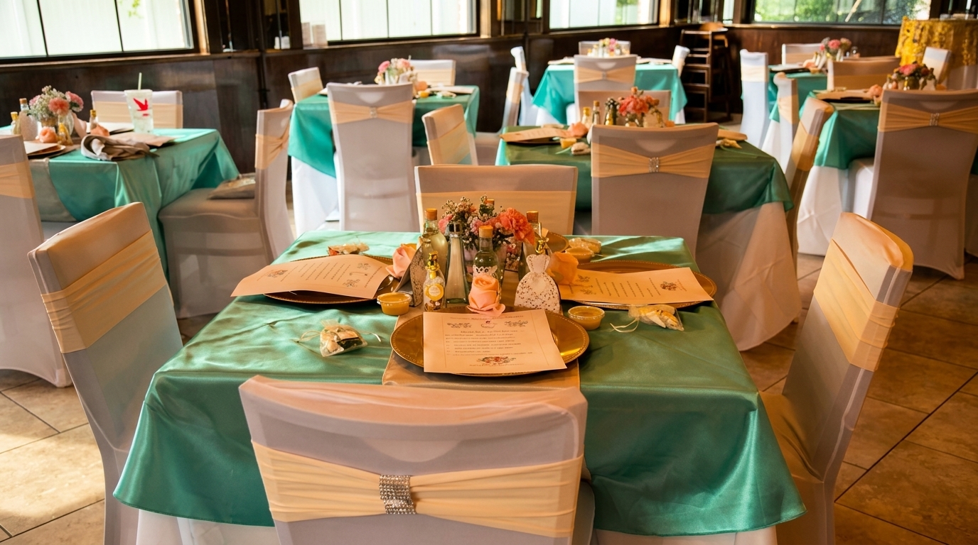 Restaurant dining room set with teal tablecloths, white chair covers, and floral centerpieces.
