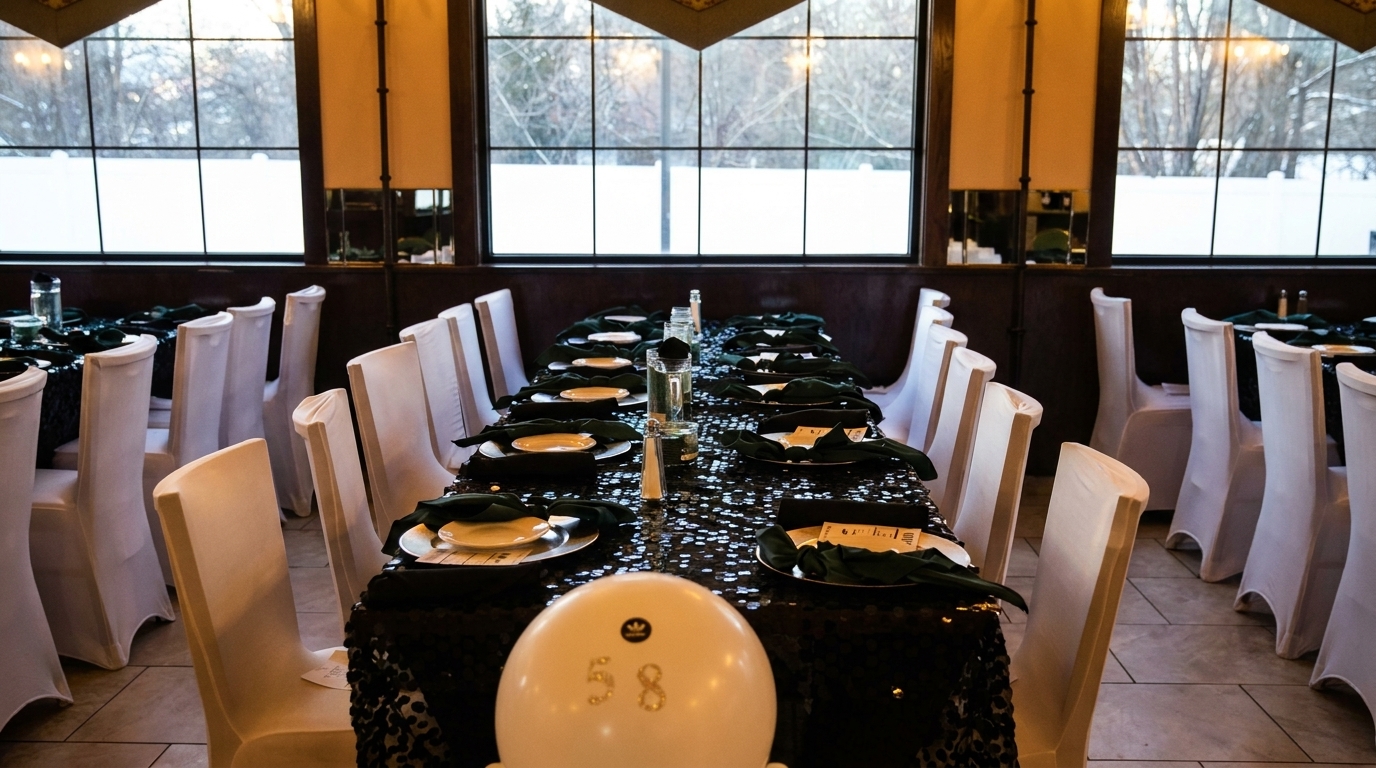 A long dining table set with dark tablecloths, white plates, and green napkins, with white chairs.
