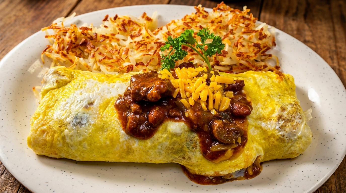 A chili cheese omelet topped with shredded cheddar and parsley, served with hash browns.