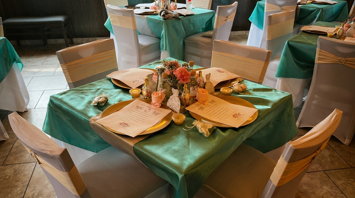 Restaurant dining room with tables draped in teal cloths, set with gold chargers, menus, and floral centerpieces.